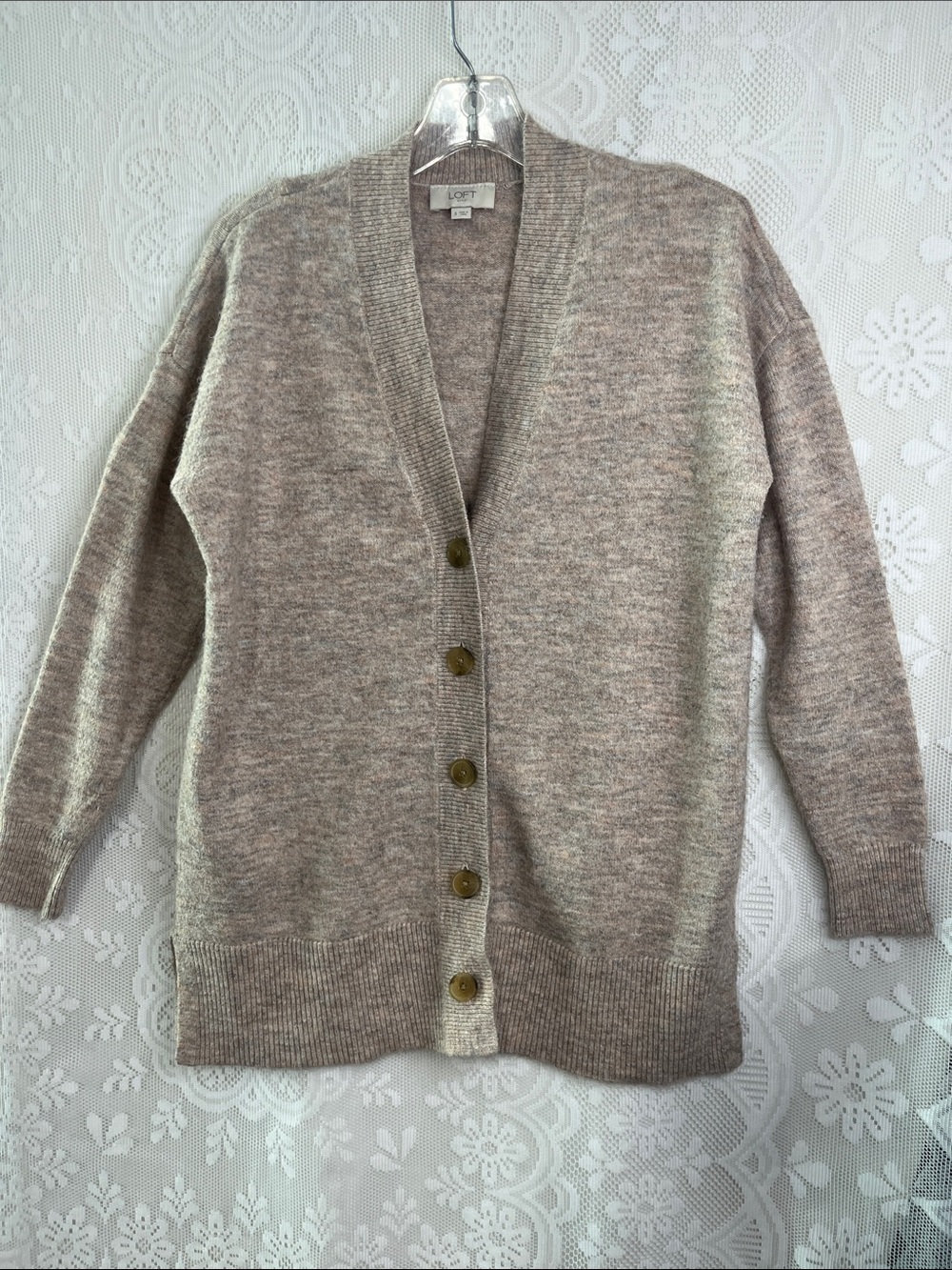 LOFT Beige Heathered Button-Front Cardigan